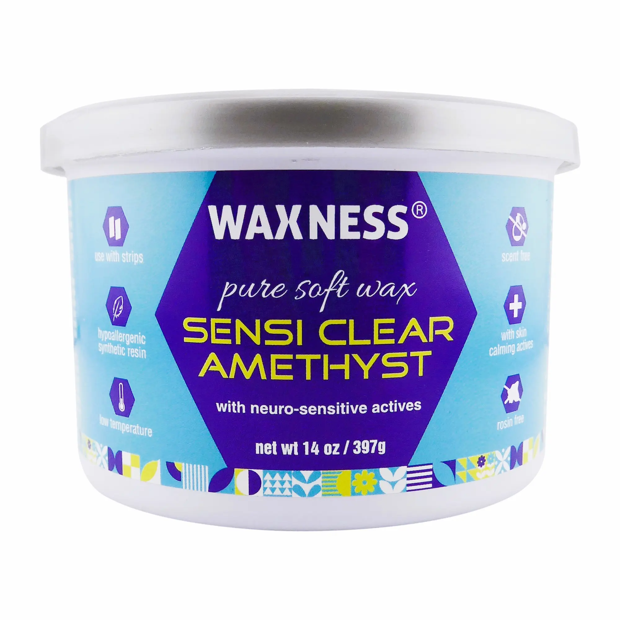 Waxness Sensi Clear Amethyst Soft Wax Tin  14 oz - Made in Italy – Rosin-Free Clear Gel Formula with Neuro-Active Comfort Complex