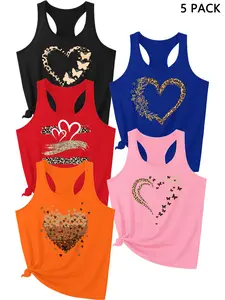 Summer Trendy Tank Tops, Heart Print, Outdoor Sports, Navy 5-Pack, Casual All-Season Yoga Wear, Athletic Tank Tops