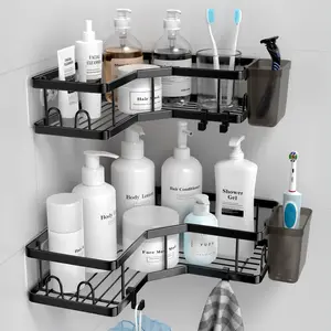 Corner Shower Caddy, 2 Pack Adhesive Shower Corner Organizer Shelves, No Drilling Stainless Steel Shower Storage Rack with Hooks&Toothpaste Holder for Bathroom Kitchen (for 90° Corners Only)