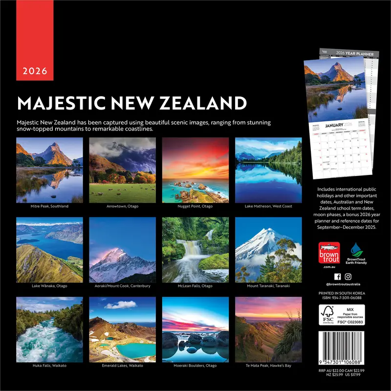Majestic New Zealand | 2026 12 x 24 Inch (Hanging) Monthly Square Wall Calendar | Plastic-Free | BrownTrout | Travel Scenic Oceania Photography 1