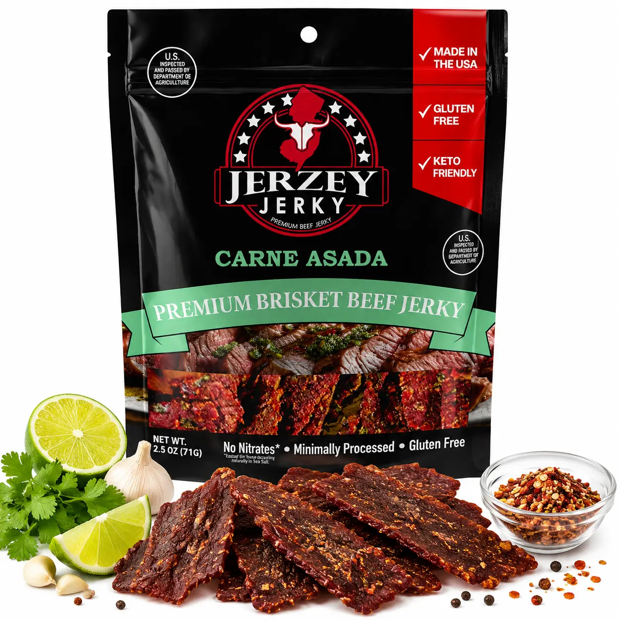Jerzey Jerky Carne Asada Brisket Beef Jerky, High Protein Meat Snack, Authentic Mexican Style Flavor, Made in USA, 2.5oz