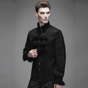 Here Comes The Groom Black Tuxedo Shirt Ruffle Top Blouse Formal Victorian Style Halloween Costume Collared Neck Long Sleeve Button Front Lace Embellishments