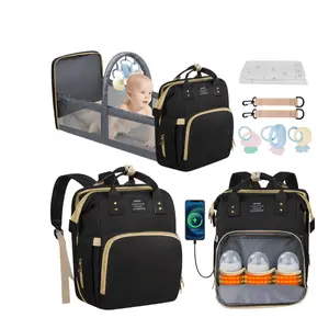 Diaper Bag Backpack, Multifunctional Baby Changing Bag with Foldable Crib &Insulated Milk Bottle Pockets, Large Capacity Portable Travel Backpack with USB Charging Port, Nappy Bag for Moms Dads