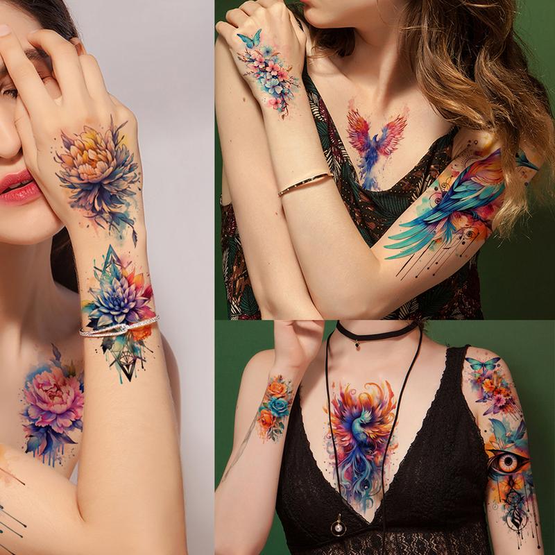 52 Watercolor Temporary Tattoos for Women Adults Realistic 3D Floral Butterfly Phoenix Mandala Fake Tattoos Set Waterproof Long Lasting Body Sticker for Parties Weddings 12 Large Tattoos Included Durable