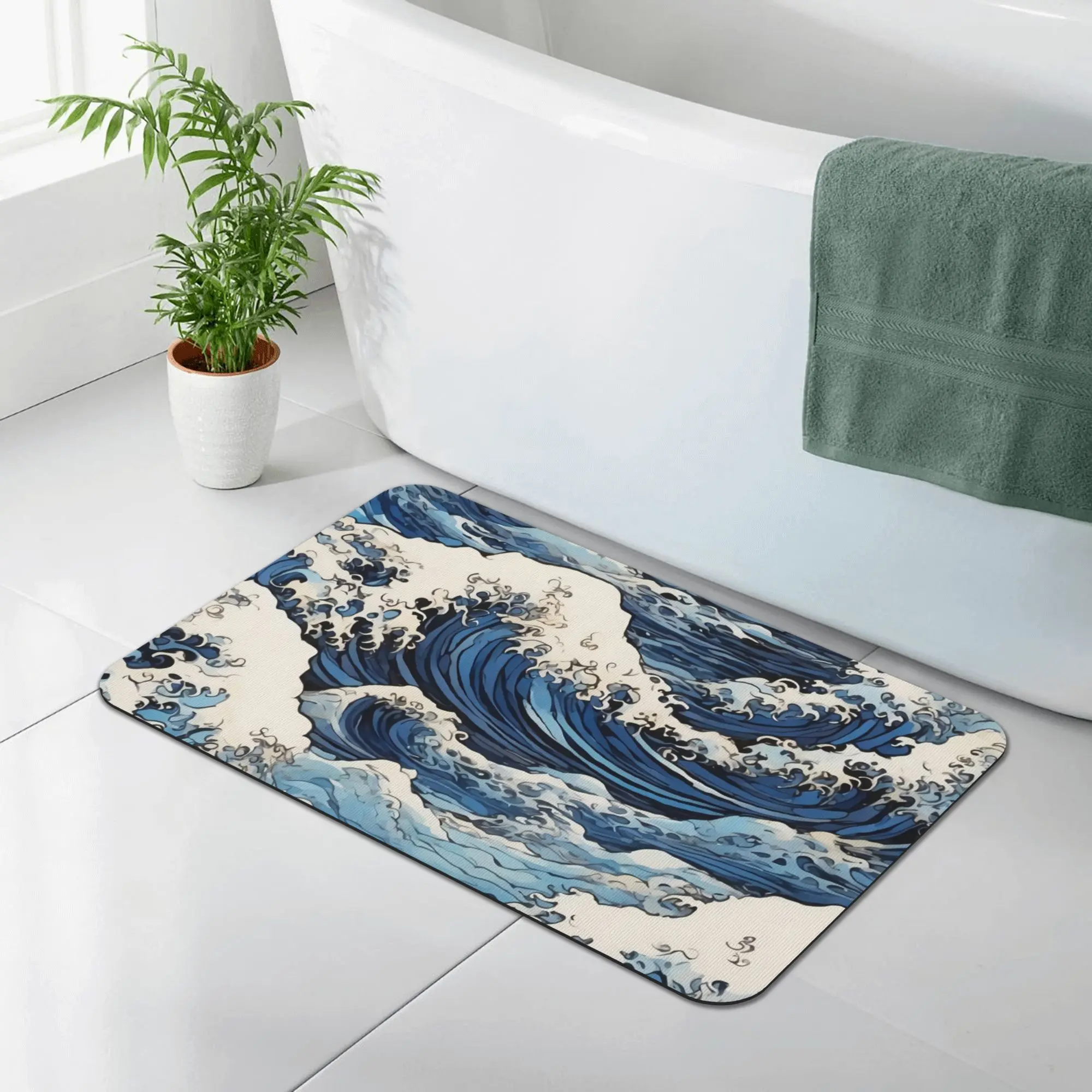 Japanese Great Wave Diatomaceous Earth Bath Mat, Super Absorbent Non Slip Quick Dry Doormat for Bathroom Kitchen Entryway, Coastal Decor 16x24 Print 40X60Cm(15.8*23.6In)