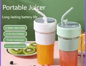 Portable Juicer Cup with Straw Small Electric Rechargeable Juicer for Household Use Multifunctional Juice Maker with 6-Blade Steel Blade In-Line Direct Drinking Compact Design