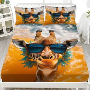 Fitted Sheet 3-Piece Set - 2D Flat Printed Giraffe Wearing Sunglasses Pattern Mattress Covers, Available in 10 Sizes (1 fitted sheet + 2 pillowcases, no insert). skin-friendly and breathable bedding, suitable for family bedrooms .