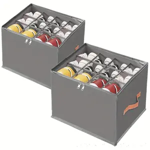 Premium 2-Pack Oxford Fabric Folding Shoe Boxes, High-Quality Dustproof Storage Organizer with Lid and Clear Window for Shoes Clothes, Sturdy Stackable Fabric Bins Closet Space-Saving Solution