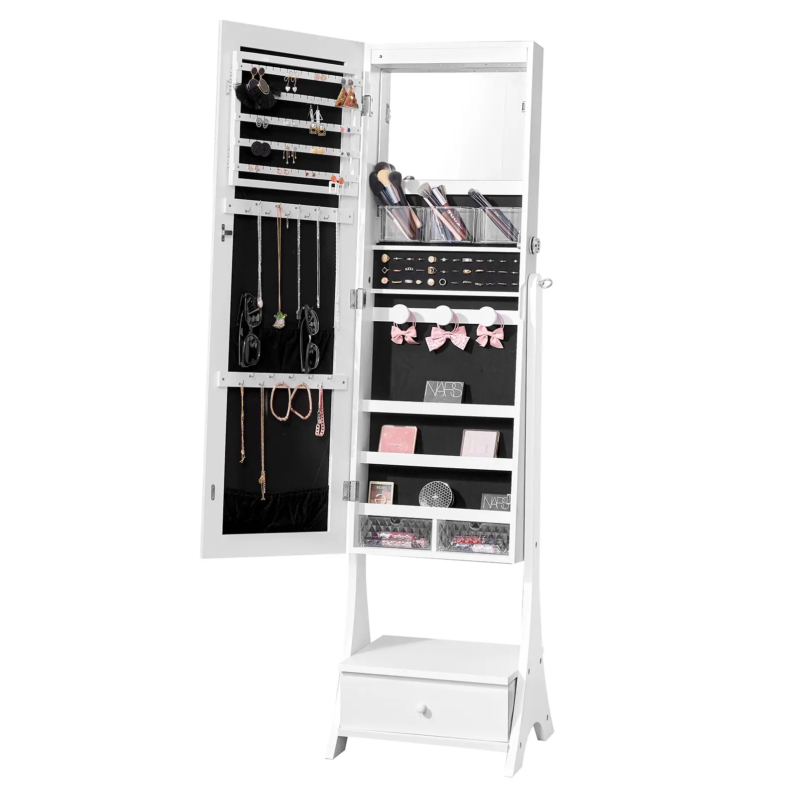 【summerfinds】VEVOR Mirror Jewelry Cabinet, Standing Mirror with Storage, Lockable Jewelry Mirror Organizer with Full Length Mirror, Velvet Lining, Interior LED Light, Drawer, Freestanding Jewelry Armoire, White