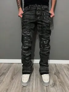 Men's Distressed Denim Jeans, Y2K Stackable Streetwear Pants, Loose-Fitting Button Fly, All Seasons Casual Wear, Patchwork Design