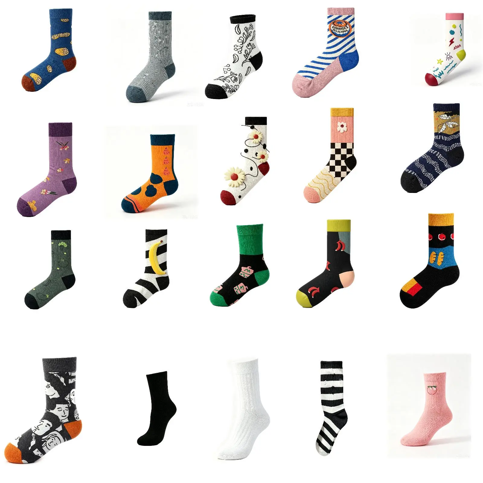 24Pairs Funny Colorful Graphic Crew Cotton Socks, Multi-Style Floral Fruit Stripe Check Pattern Cozy Dress Socks, Breathable Stretchy Novelty Gift Socks for Him Her Daily Wear