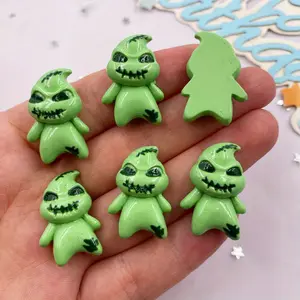 10-piece set of resin green ghost flat-bottomed convex circular stone statue decoupage decoration handicraft material DIY Christmas/Halloween scrapbook jewelry-making accessory