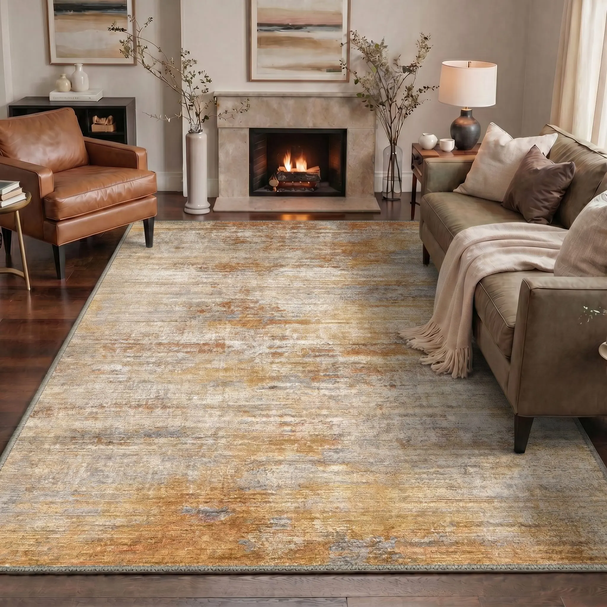 【Back To School】GENIMO Floor Carpet Machine Washable Area Rug Non Slip Pet Friendly Soft Rug for Living Room Bedroom Kitchen Hallway Everyday Home Use,DT8202-SAFFRON VEIL