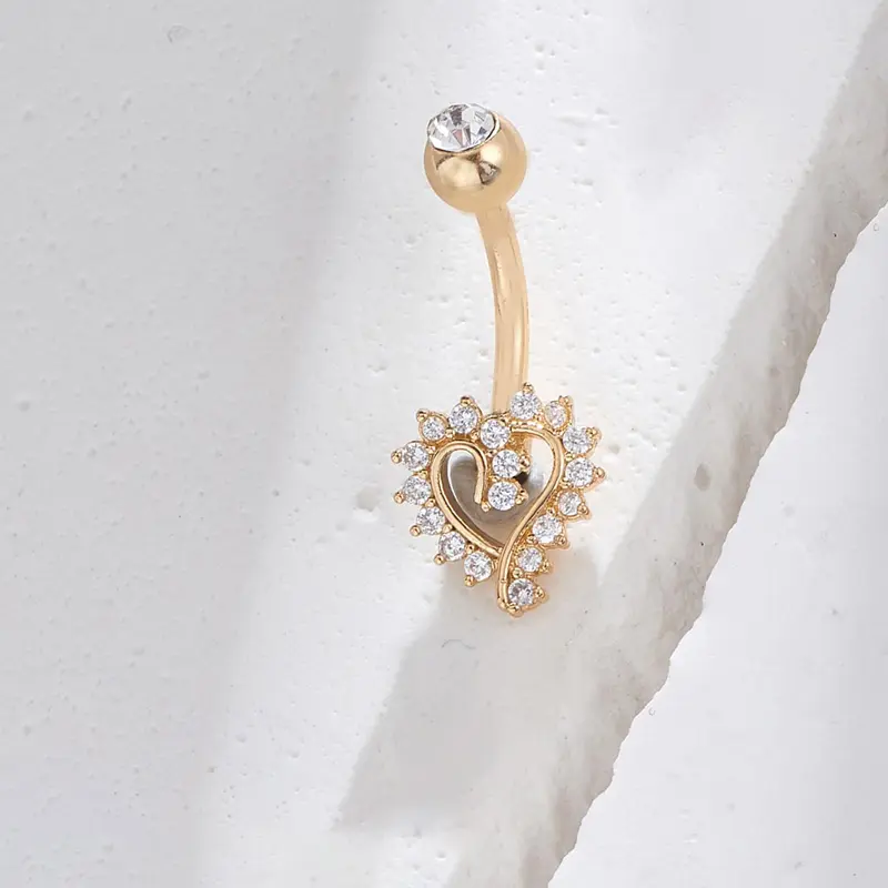 Stainless Steel Rhinestones Deor Heart Design Navel Ring, Women's Body Piercing Jewelry for Daily Decoration, Classic Fashion Accessories for Daily Wear, Rhinestone Belly Ring, Belly Button Rings, Chic Body Jewelry, Body Jewellery