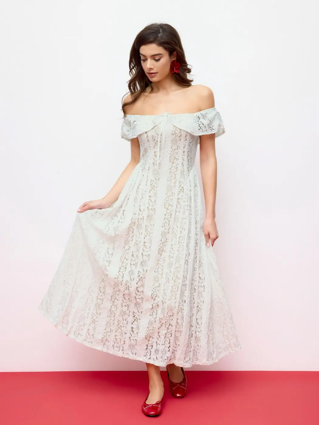 chinese dress ladies Anais White Lace Flower Off-shoulder Midi Dress main image 0