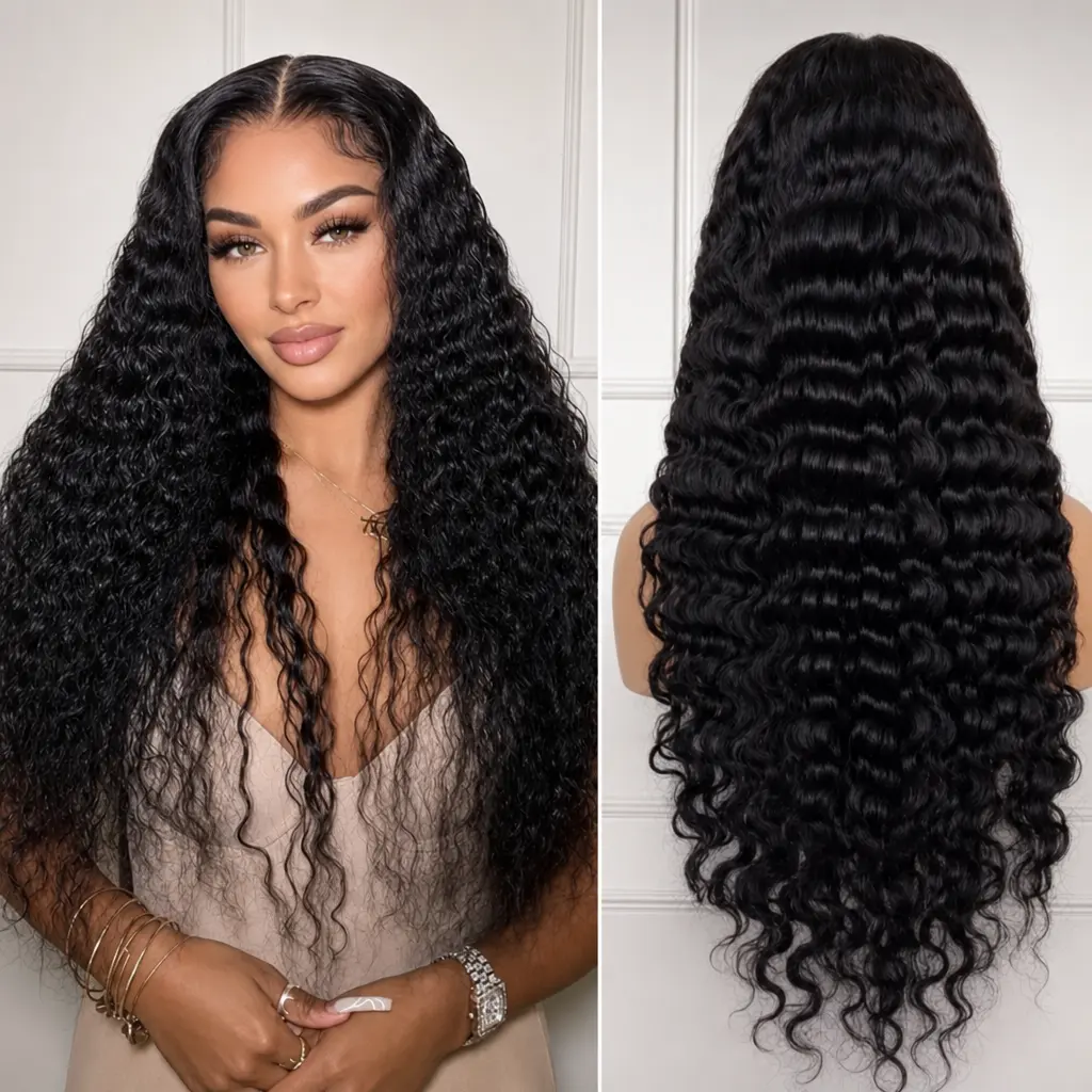 Women's Deep Wave Lace Front Wig - Middle Part Long Synthetic Wig with Natural Bounce, Ideal for Daily Wear, Parties & Photoshoots
