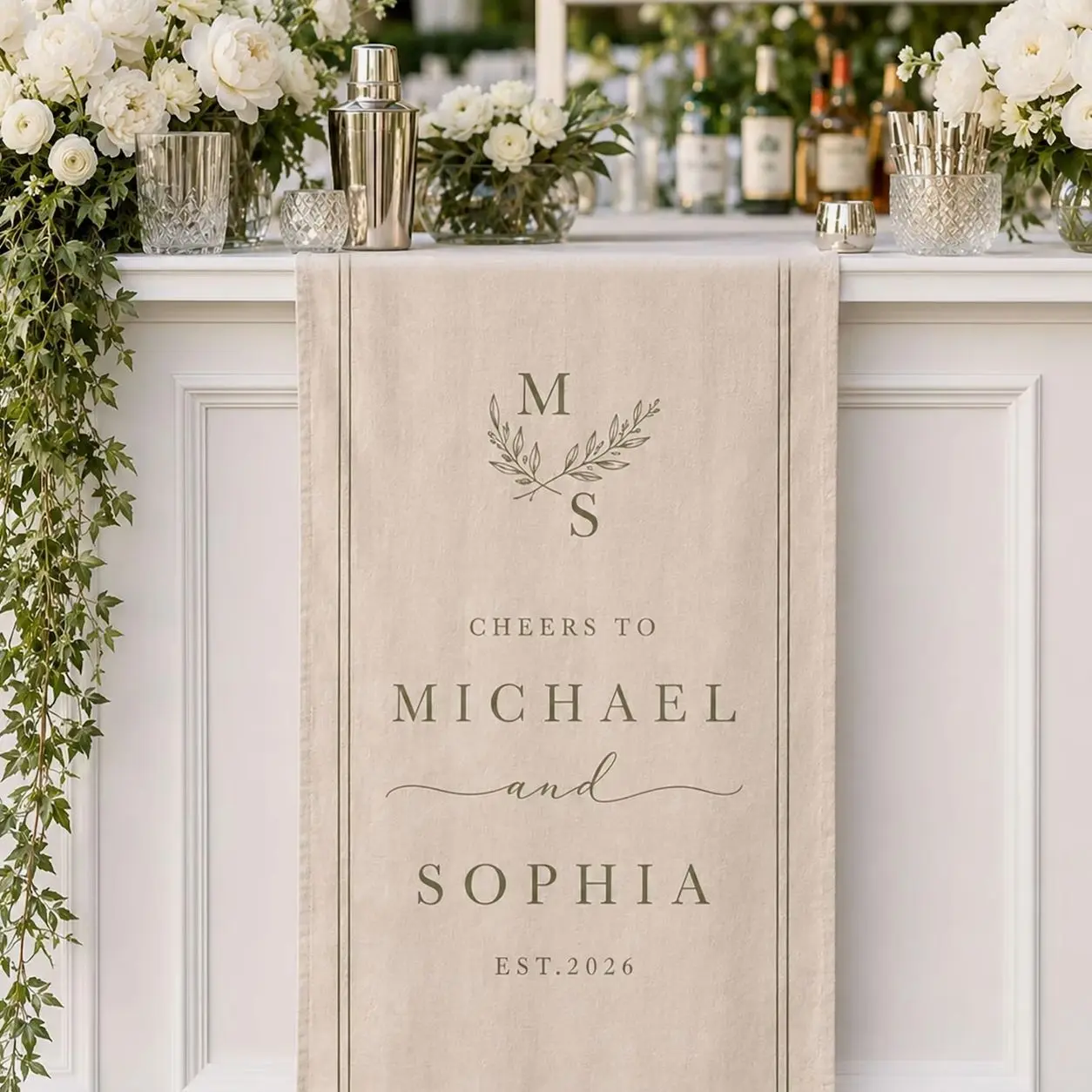 Custom Wedding Bar Banner, Personalized Cheers To Couple Sign, Linen Cocktail Bar Decor, Reception Table Runner, Monogram Banner