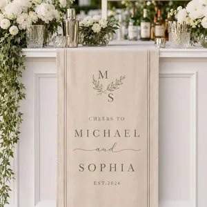Custom Wedding Bar Banner, Personalized Cheers To Couple Sign, Linen Cocktail Bar Decor, Reception Table Runner, Monogram Banner