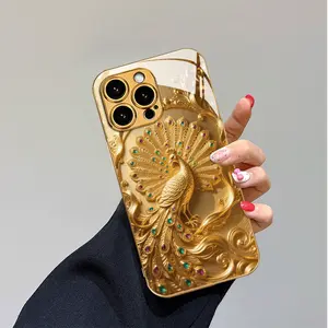 New Exquisite Luxury Peacock Pattern Electroplated Glass Phone Case for iPhone 17 Pro Max Phone Case 17 Air 16E 16 Pro Max 15 Pro Max 15 Plus 14 Plus 13 12 11 Phone Cases,Samsung Galaxy S25 Ultra S22 S23 FE S24  Models, Anti-Fingerprint and Wear-Resistant