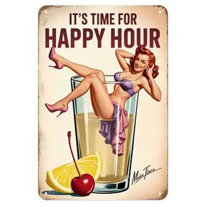 Classic Pinup Girl Tin Sign, Vintage Happy Hour Bar Decor Metal Sign Print Aesthetic Room Decoration for Home Bedroom Kitchen Bar Coffee Bathroom Indoor Outdoor Wall Decor, 8 X 12 in