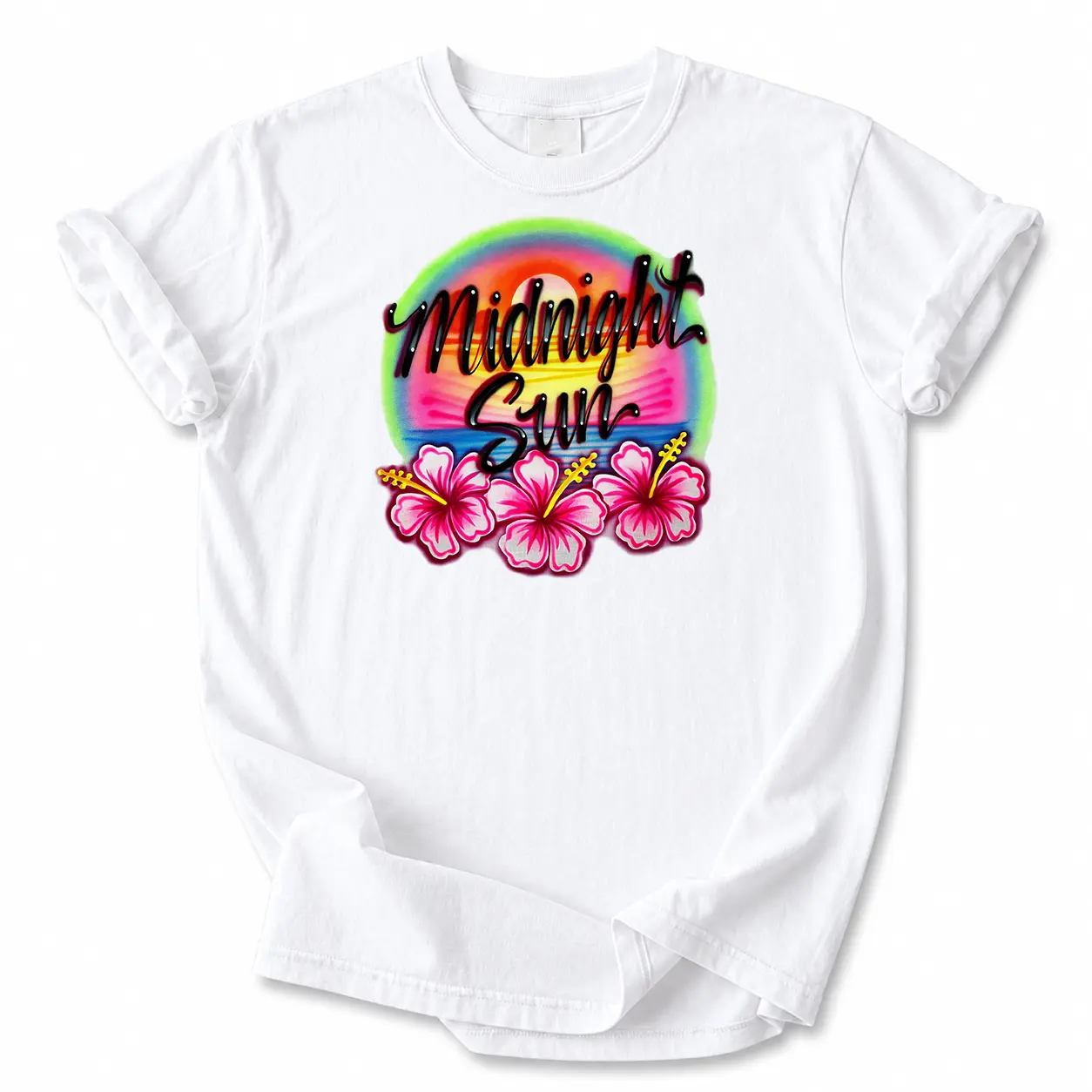 Women's Midnight Sun Cotton Short-Sleeve Oversized Vintage T-Shirt - Ribbed Distressed Graphic Top, Unisex Casual Streetwear, Gift Option, Style 020508, 1-Piece Tropical Design, Tshirt, Shortsleeve, Fit, Tee, Garment Dyed, Round Neck, Basics, Classic, Cre