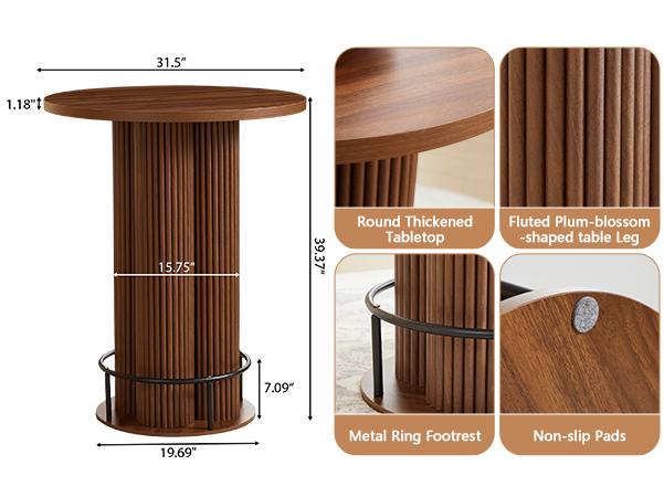 Giratree Bar Table, 39.37" H Round Bistro Table Fluted Pub Table with Base & Metal Ring Footrest Wood Cocktail Desk for Patio, Coffee House, Living Room, Kitchen, Small Space