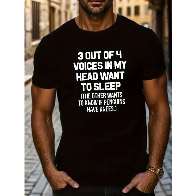 Men's T-Shirt with Funny "3 Out of 4 Voices" Graphic, Casual 100% Cotton Short Sleeve Crew Neck Top, Fabric, Foldable, Graphic Tee, Full Print, Fitted Cut, 3 Out Of 4 Voices In Head, Shortsleeve, Menswear, Round Neck, All Over Print, Tshirt, Minimalist