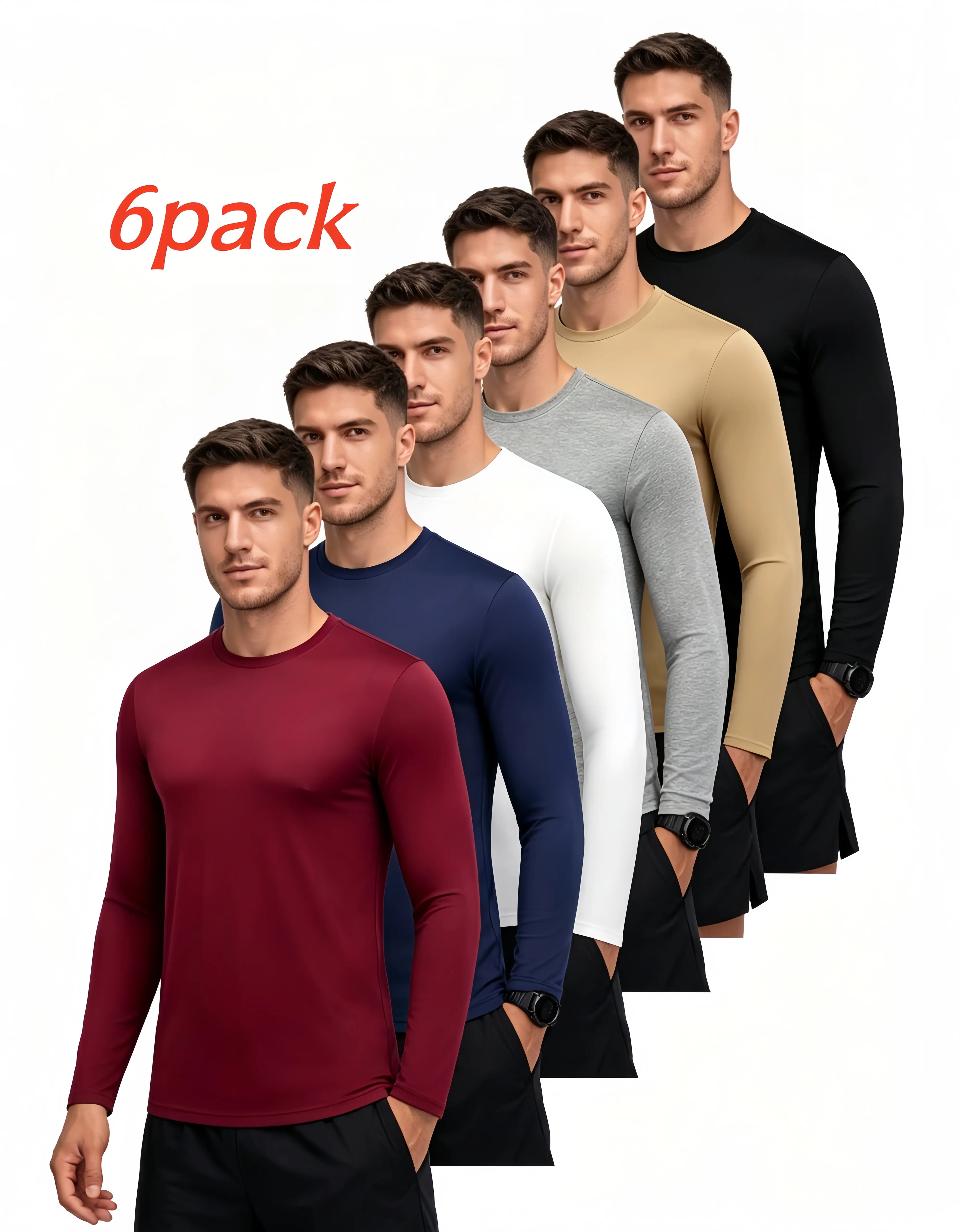 6-pack Men's Long‑Sleeve Rash Guard Fishing Shirt, UPF 50+  Quick‑Dry Lightweight Crew Neck Athletic Tee, Breathable Gym Training Top, Athleisure Street‑Fit Sports Clothing for Swimming, Workout, Daily Wear & Christmas Casual Outfits