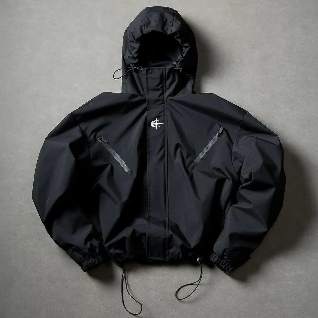 Men’s high-street functional all-black hooded jacket, loose drop-shoulder waterproof hardshell outerwear, dark-style trendy jacket