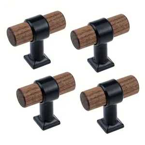 4-piece elegant walnut drawer handles with black metal base, single-hole cabinet handles, total length 1.57inch - kitchens, wardrobes, and furniture, including screws, cabinet knobs, and handles