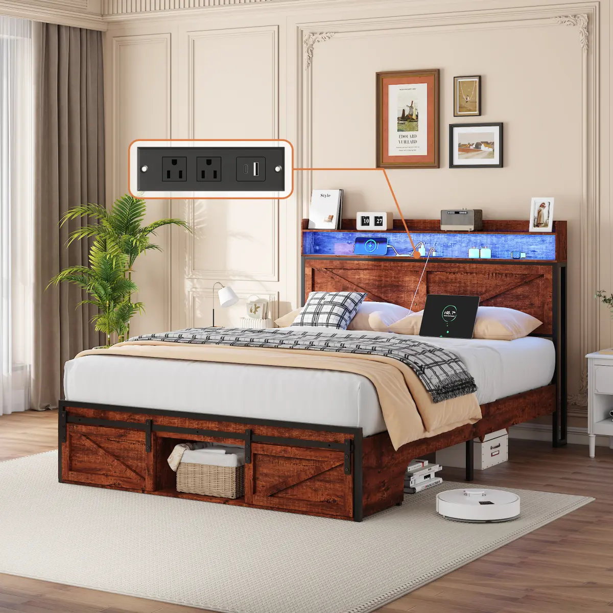 Rustic Brown Retro Look MDF Wood Full/Queen-Size Metal Platform Bed Frame - 81.30in x 54.10in x 45.00in, 82.01lbs, LED Lights Headboard/Footboard, Storage Compartments, Silent Anti-Slip, Robust Slat Support, Assembly Required, Eases Nighttime Awakenings