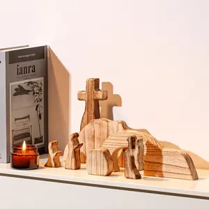 Empty Tomb Easter Resurrection Scene Set, Wooden Christian Tabletop Decor with Cross, Rustic Display for Tiered Tray Mantel Shelf, Religious Easter Gift （7-Piece）