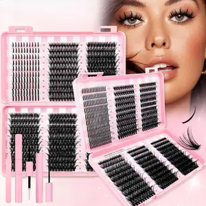 Eyelash Cluster Kit for DIY Lash Extension, D Curl Volume Fluffy Cluster Lashes, Dense Long Curled Lash Set with Multiple Lengths, Includes Bond & Seal,Tweezers & Brush