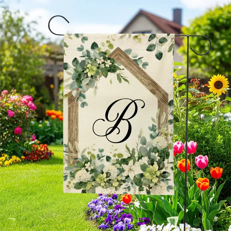 Fresh Wooden House Floral Plants 26 Letters A-Z Garden Flag - Family Name Initials, Double-Sided Linen Outdoor Courtyard Decoration, 12X18 Inches, Suitable for Outdoor Outdoor House Holiday Decorations - Flagpole Not Included
