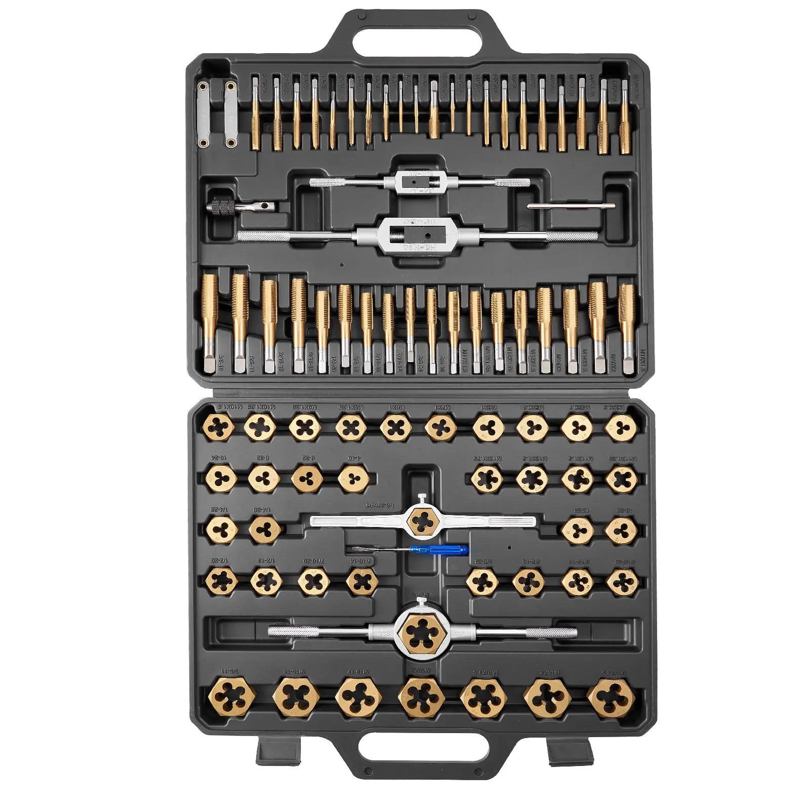 VEVOR 86-Piece Tap and Die Set Tools, Cast Iron & Titanium-Coated Steel Mechanic Tools with Metric (M3-M12) & SAE (#4-5/8") Coarse/Fine Threads, Thread Pitch Gauge, T-Handle Tap Wrench, Carrying Case for Threading/Rethreading