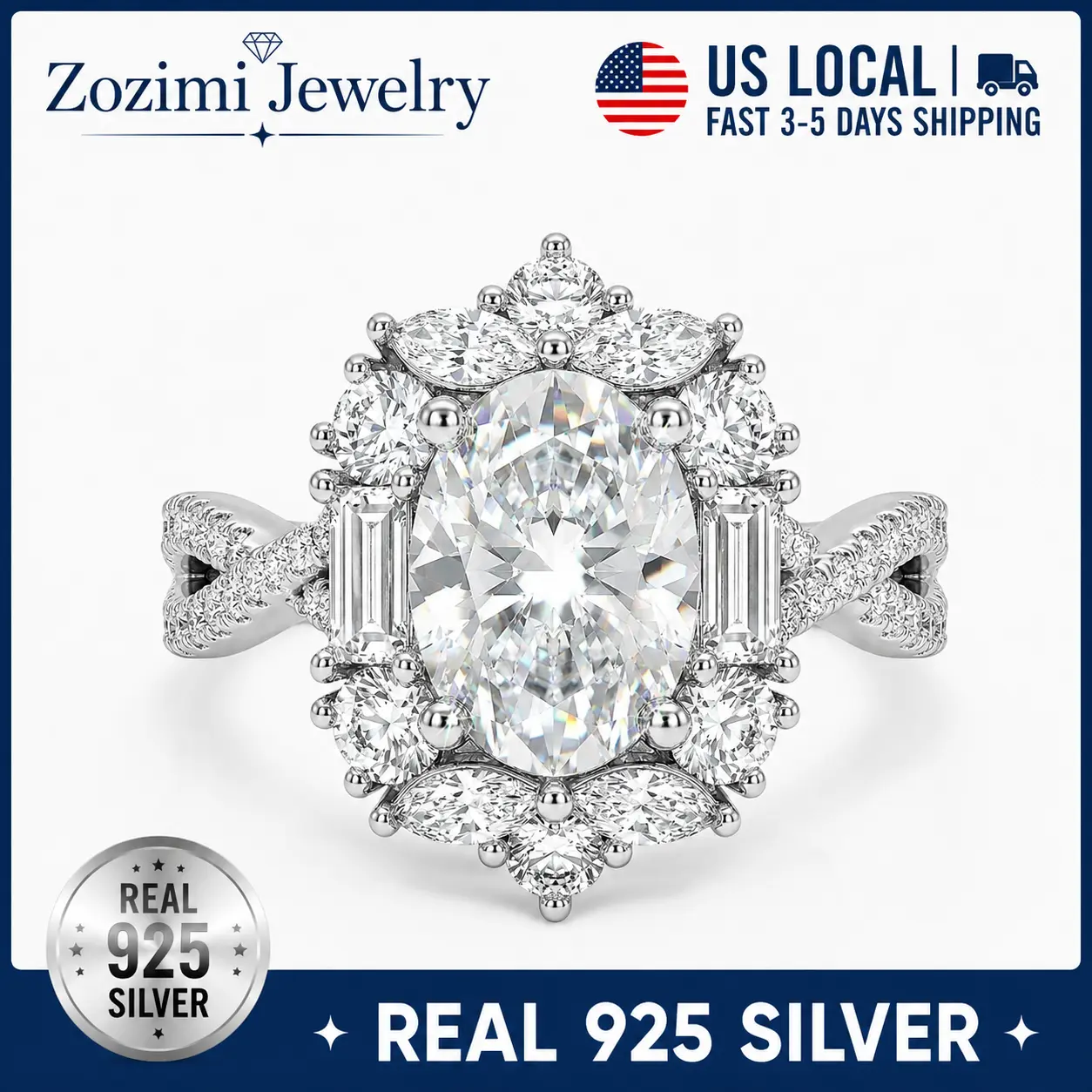 S925 Sterling Silver Oval Cut Cubic Zirconia Engagement Ring Vintage Halo Multi-Stone Marquise Baguette Accent Diamond Twisted Filigree Split Shank Bridal Promise Wedding Ring Luxury Women Fine Jewelry Gift For Anniversary Valentine Birthday