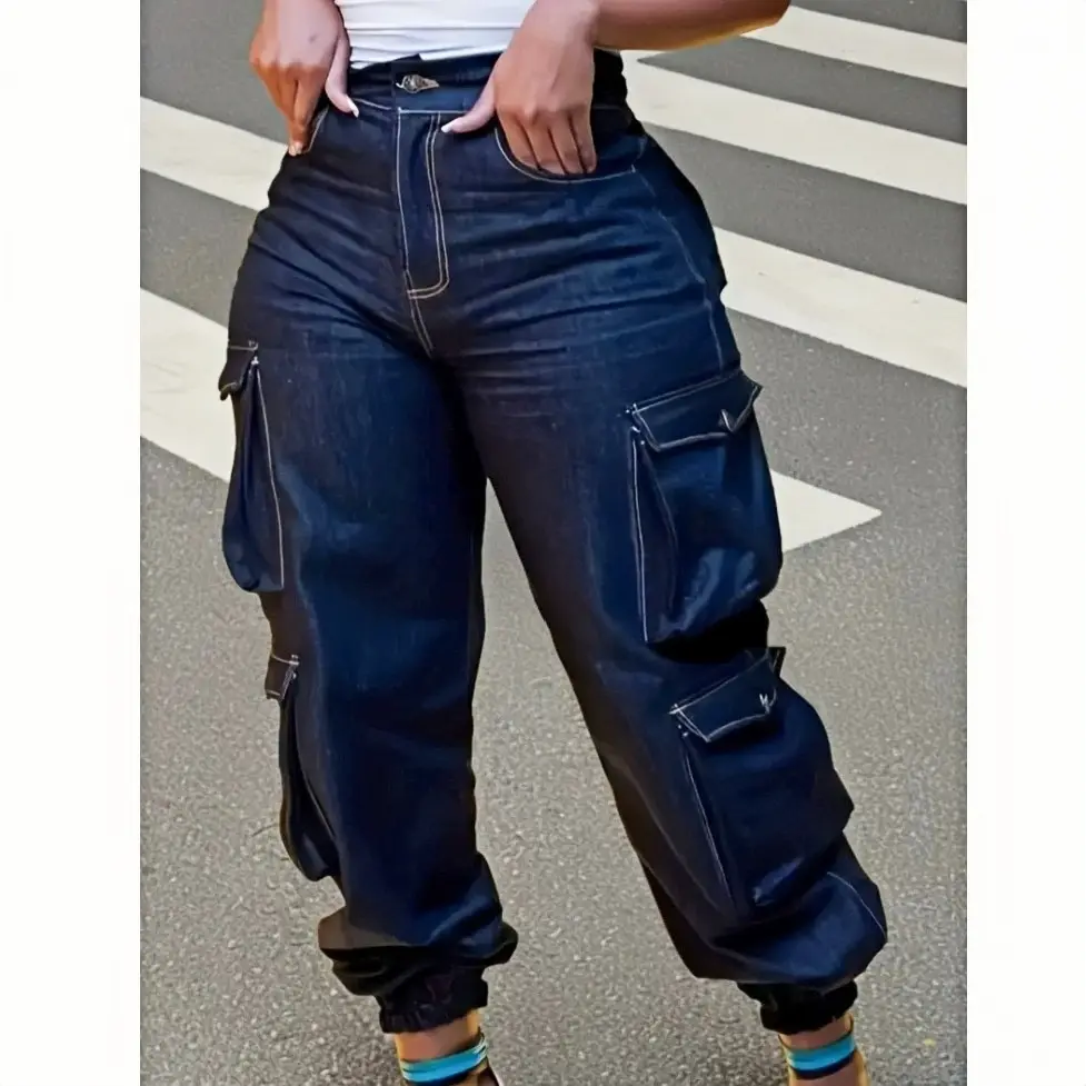 Women's Plus Size High Waist Minimalist Cargo Denim Jogger Pants - Stretch Casual Streetwear, Utility Slant Pockets, Button Front Closure, Cargo Style, Retro, Plussize Flatter, Elastane Bottoms, All Seasons, Christmas Outfit Option