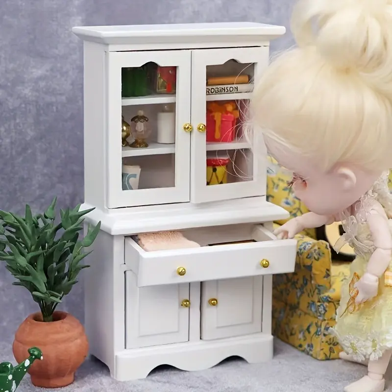 1:12 Dollhouse Miniature Vertical White Bookcase Cabinet for Micro Scene Decor Easter Christmas New Year Gift Miniature Furniture