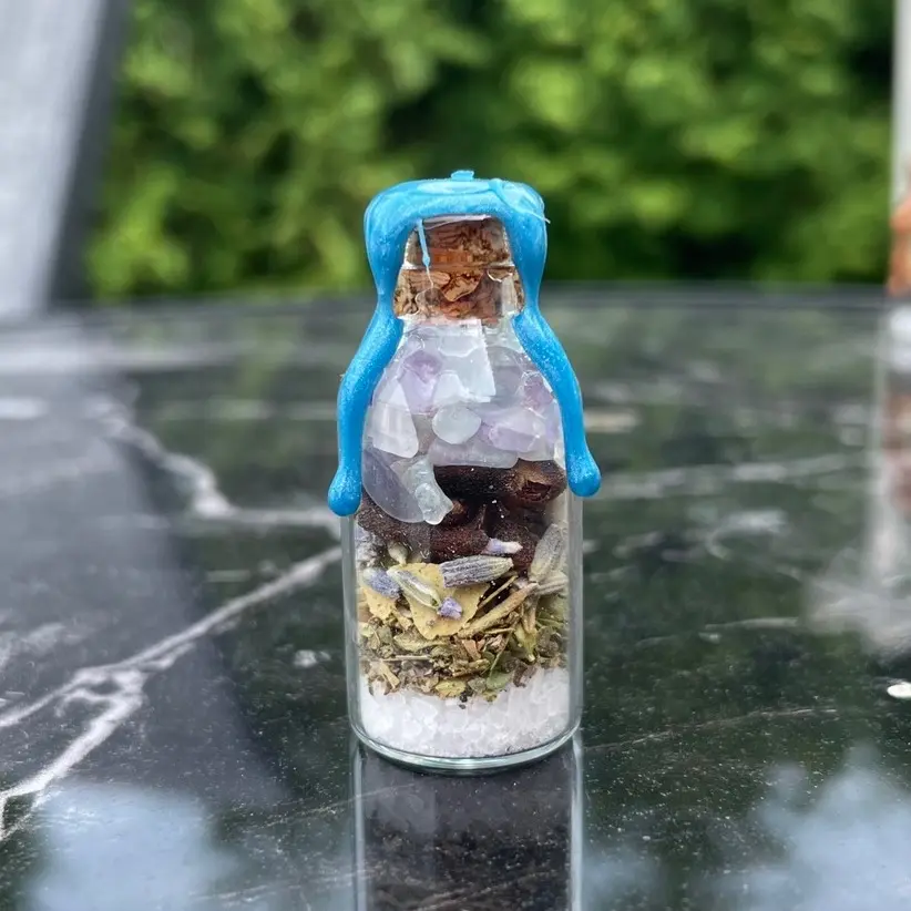 Anti-Anxiety Spell Jar | Fluorite Crystal & Herb Jar Keychain ~ Miniature Handmade Goods ~ Spell Bottle ~ Calming