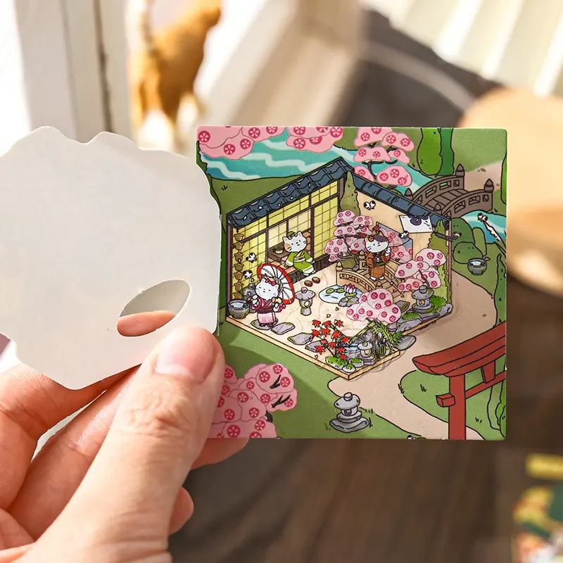 24 Sheets/book Miniature Landscape Sticker Book, Aesthetic Stickers, Pet Material, Japanese Cat Theme Handmade Stationery Multi-Scene Decorative Stickers Scrapbooking Scenes Stickers