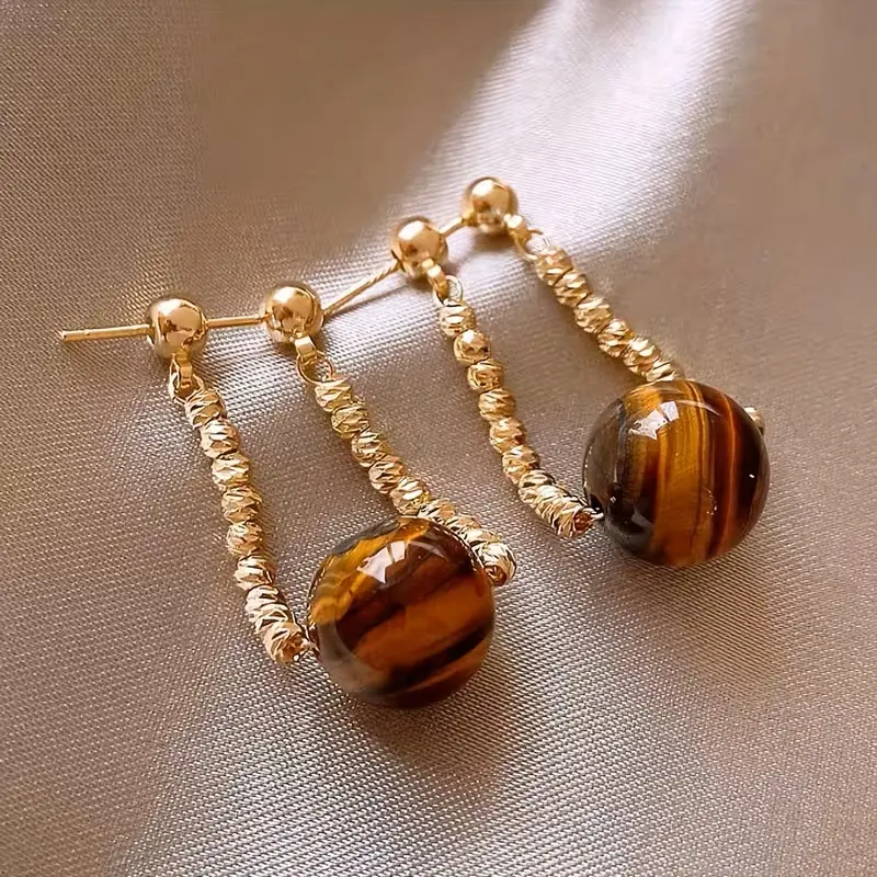Pair of Vintage Elegant Simple Natural Tiger Eye Stone Earrings for Women Festival Birthday Date Prom Party Vacation Shopping Daily Commuting Accessories