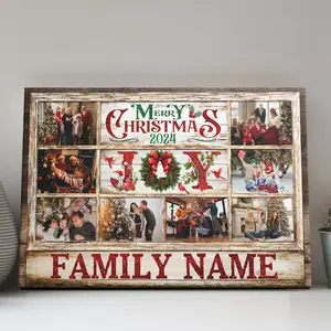 Family Christmas Personalized Prints, Custom Photo And Text, Multiple Sizes, Merry Christmas Joy Family Photo Collage Decor For Holiday Home