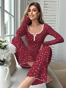 Women's Sexy Deep V Neck Print Pajama Set, Slim Fit Long Sleeve Button-Up Top & Pants, Fashionable Sleepwear Loungewear for Ladies