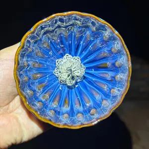 75817  Hand Crafted Jianzhan Teacup with Intricate Blue Design and Gold Trim for Elegant Tea Experiences