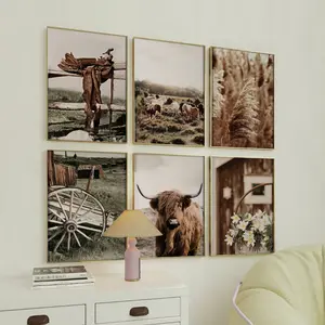 6-Piece Cow Theme Wall Art Set, Featuring Cows, Horses, Barns, and Bohemian Style, Perfect for Rustic Home Decor Without Frames, Unframed Art Print