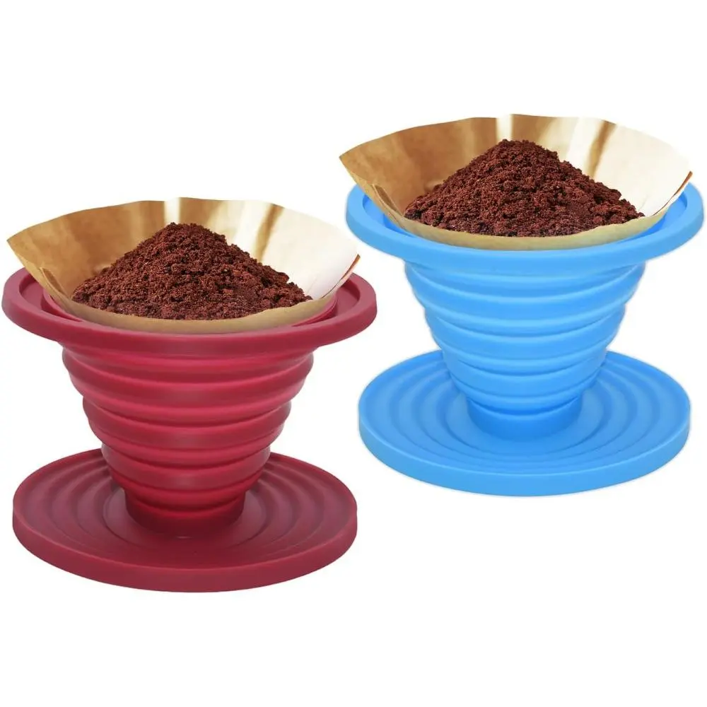 2 Pack Collapsible Pour Over Coffee Dripper with Filter, Reusable Food-Grade Silicone Brewer, Lightweight for Camping & Travel - Blue, Red, Traveling, Easy To Use And Clean, Foldable, Conical, Compact, Enhance Your Coffee Experience, Universal, Hiking, Fo