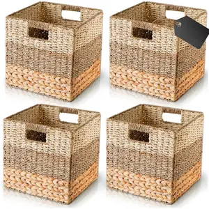 11 Inch Cube Storage Bins, Wicker Storage Baskets for Cube Shelf, Natural Foldable Square Baskets for Storage, Large Woven Storage Bin with Handle, Baskets for Pantry, Living Room Set of 4
