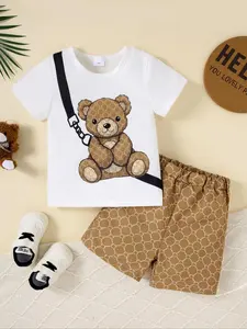 Two-Piece Set Boy's Cartoon Bear Print Short Sleeve Tee & Shorts, Casual Round Neck T-shirt & Shorts for Summer, Kids Clothes for Daily Wear, Toddler Outfit