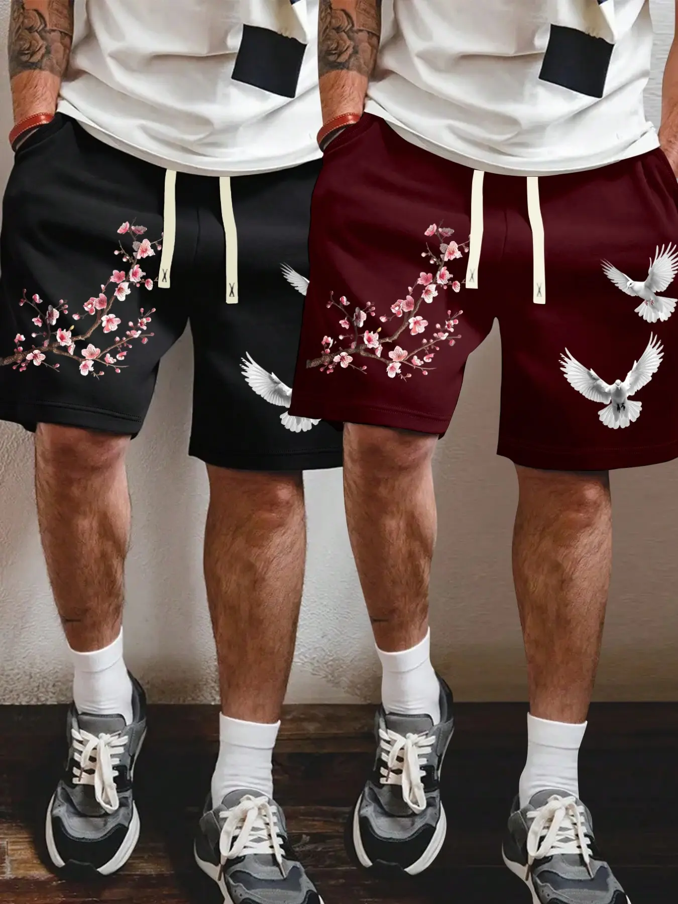 Men's Summer Sakura Dove Pattern Drawstring Waist Shorts Set, Casual Breathable Fitted Pants, Home Leisure Wear, 2 Piece