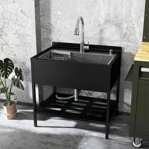 Stainless Steel Kitchen Sink Single Bowl With Faucet Black Frame Shelf Storage For Laundry Bathroom Utility Sinks Freestanding